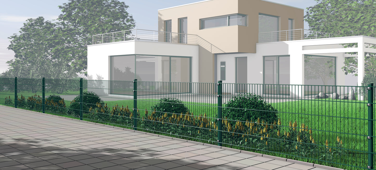 Doppelstabmattenzaun aus Stahl als Zaunanlage vor modernem Haus im Garten – MY-Zaunsysteme