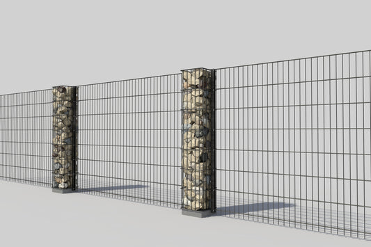 Steinsäule Doppelstabmatte aus Metall und Stein als Zaunanlage – MY-Zaunsysteme