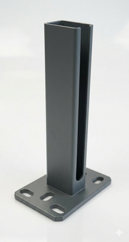 Pfostenfuß RAL 7016 aus Metall zur Befestigung von Zaunanlagen – MY-Zaunsysteme