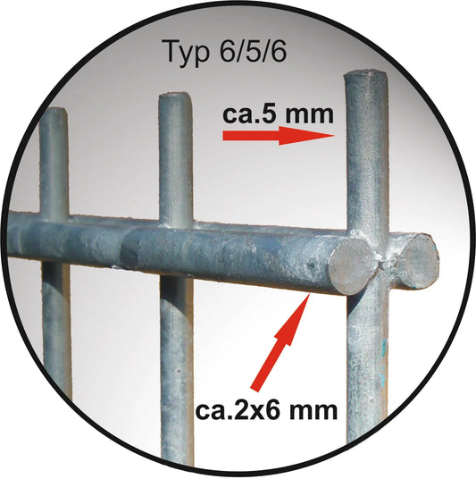 Doppelstabmatte Typ 6/5/6 aus Metall für Zaunanlagen, Drahtstärken markiert – MY-Zaunsysteme