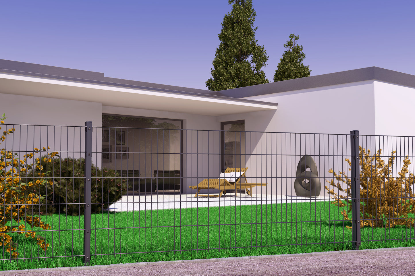 Doppelstabmattenzaun aus Metall als moderne Zaunanlage vor Einfamilienhaus – MY-Zaunsysteme