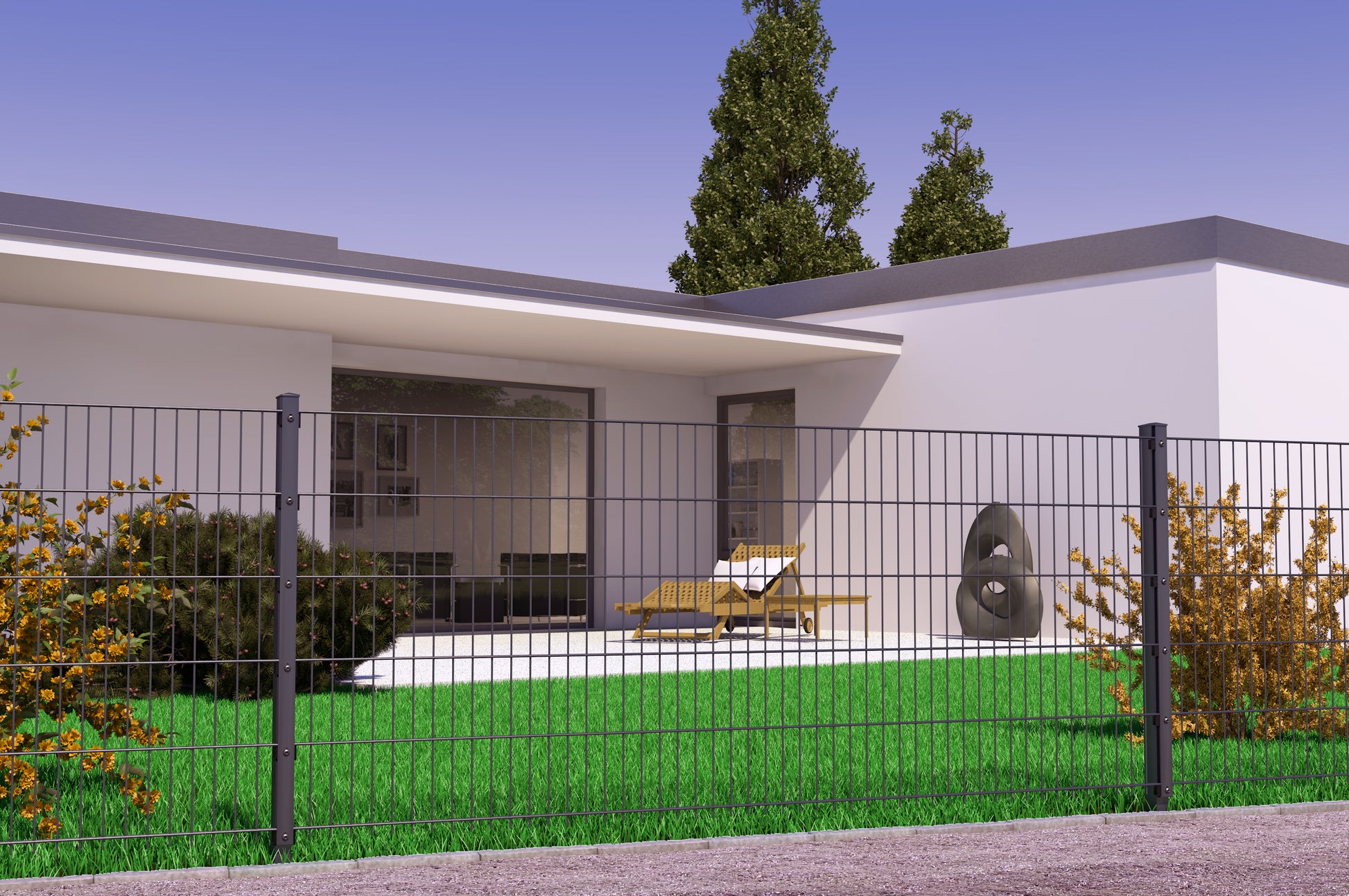 Doppelstabmattenzaun aus Metall als moderne Zaunanlage vor Einfamilienhaus – MY-Zaunsysteme