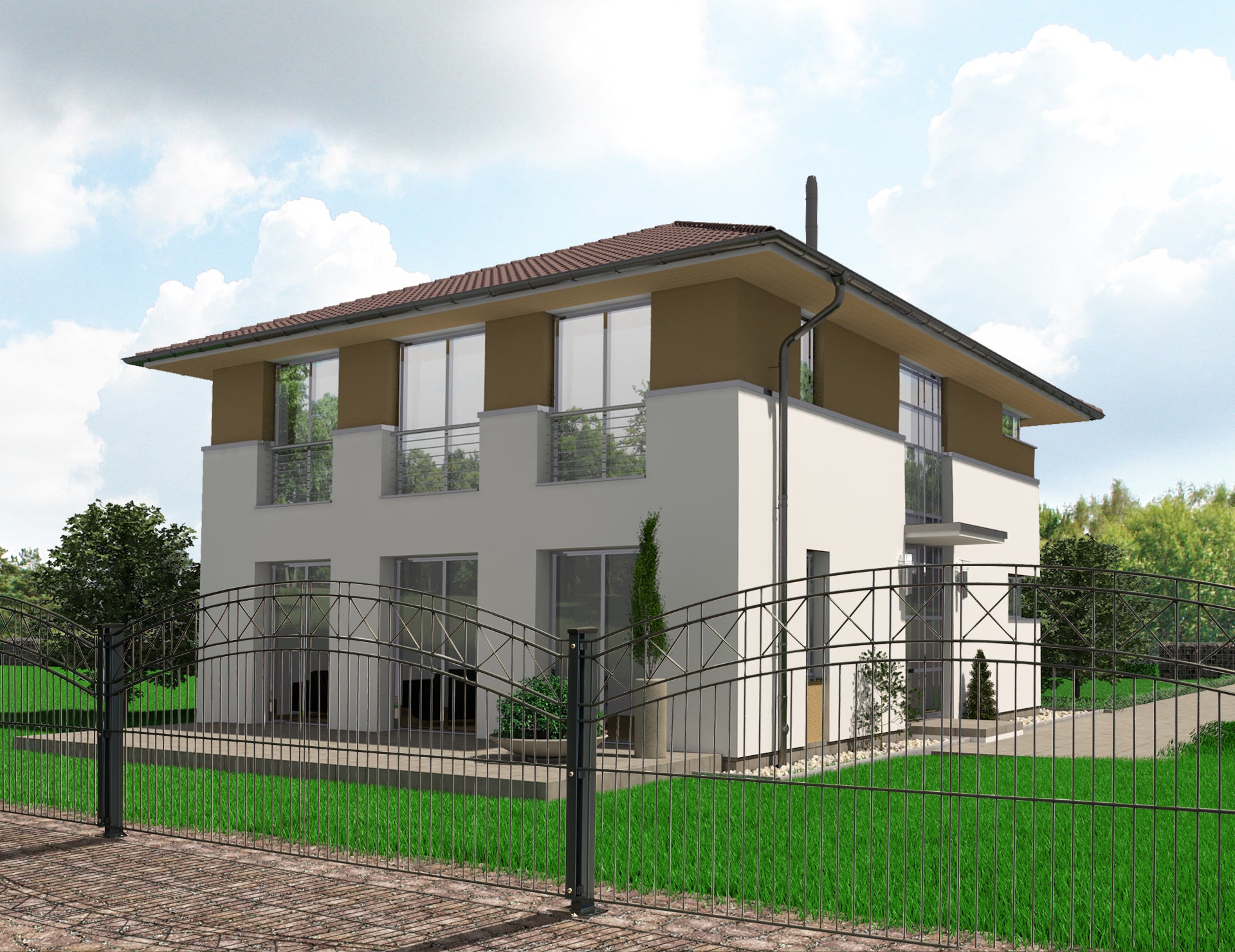 Dekor OBERBOGEN Zaunanlage aus Metall vor modernem Haus – MY-Zaunsysteme