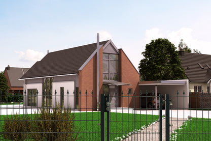 DekorSPITZE23 Zaunelement aus Metall als Zaunanlage vor modernem Einfamilienhaus – MY-Zaunsysteme