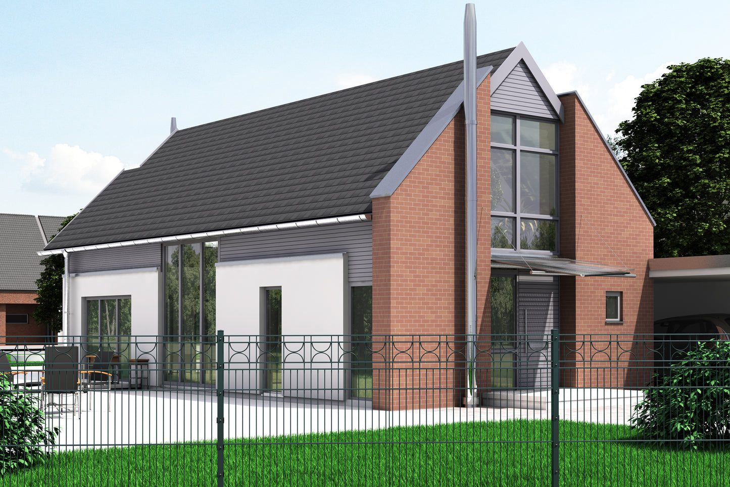 Dekor HALBKREIS Zaunanlage aus Metall als moderner Gartenzaun vor Wohnhaus – MY-Zaunsysteme