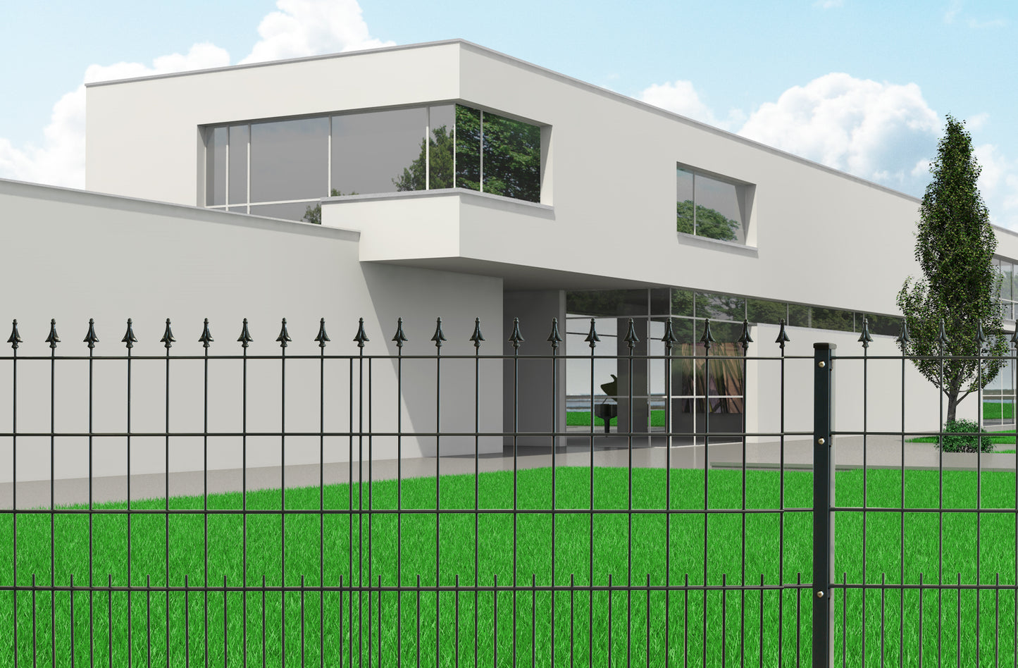 Dekor SPITZE Zaun, Metall, als moderne Zaunanlage vor Gebäude – MY-Zaunsysteme