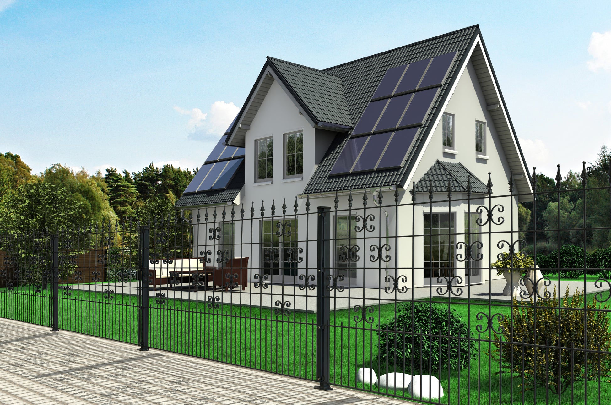 EXCLUSIVE-VENUS3k Zaunanlage aus Metall, Zierzaun vor modernem Haus – MY-Zaunsysteme