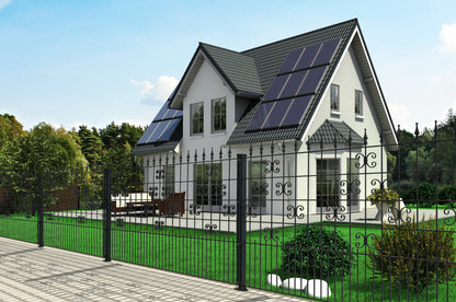 EXCLUSIVE-VENUS3k Zaunanlage aus Metall, Zierzaun vor modernem Haus – MY-Zaunsysteme