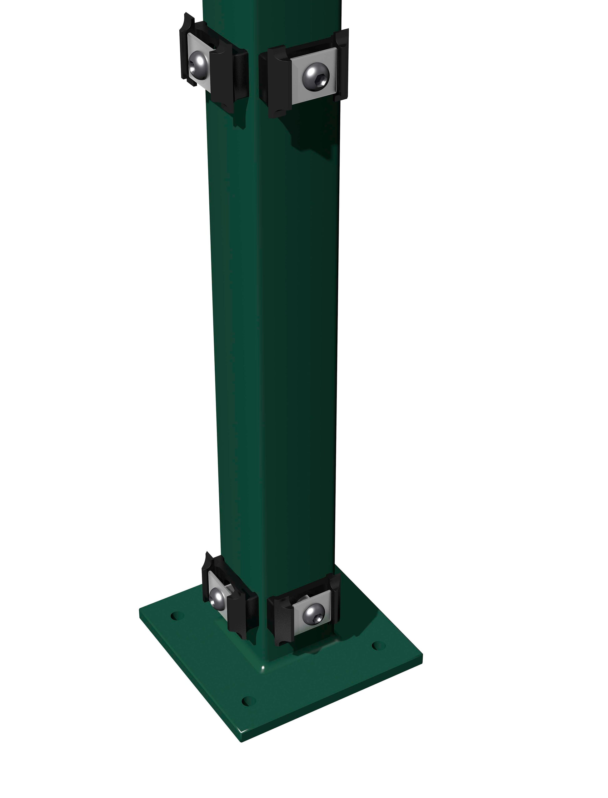 Eckpfosten 6x6 aus Metall mit Klemmhaltern und Bodenplatte für Zaunanlage – MY-Zaunsysteme
