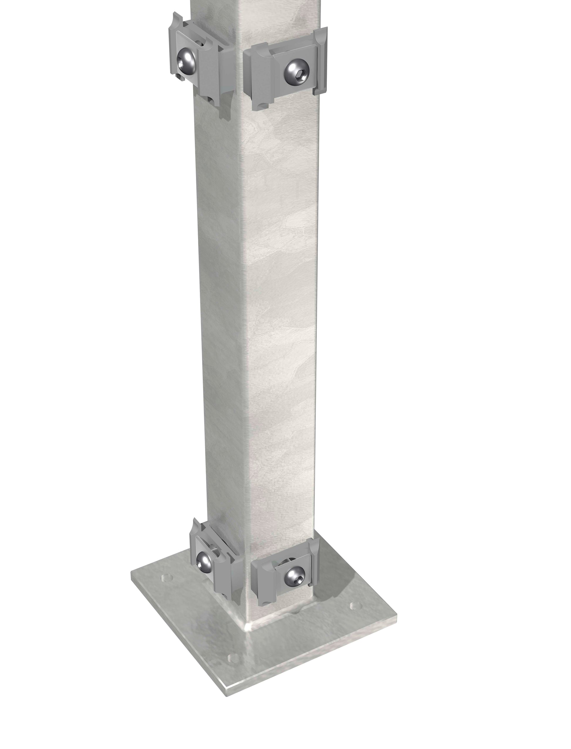 Eckpfosten 6x6 Zink mit Klemmhaltern und Bodenplatte für Zaunanlage – MY-Zaunsysteme