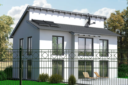 Doppelstabmatten-Zaun aus Metall als moderne Zaunanlage vor Einfamilienhaus – MY-Zaunsysteme