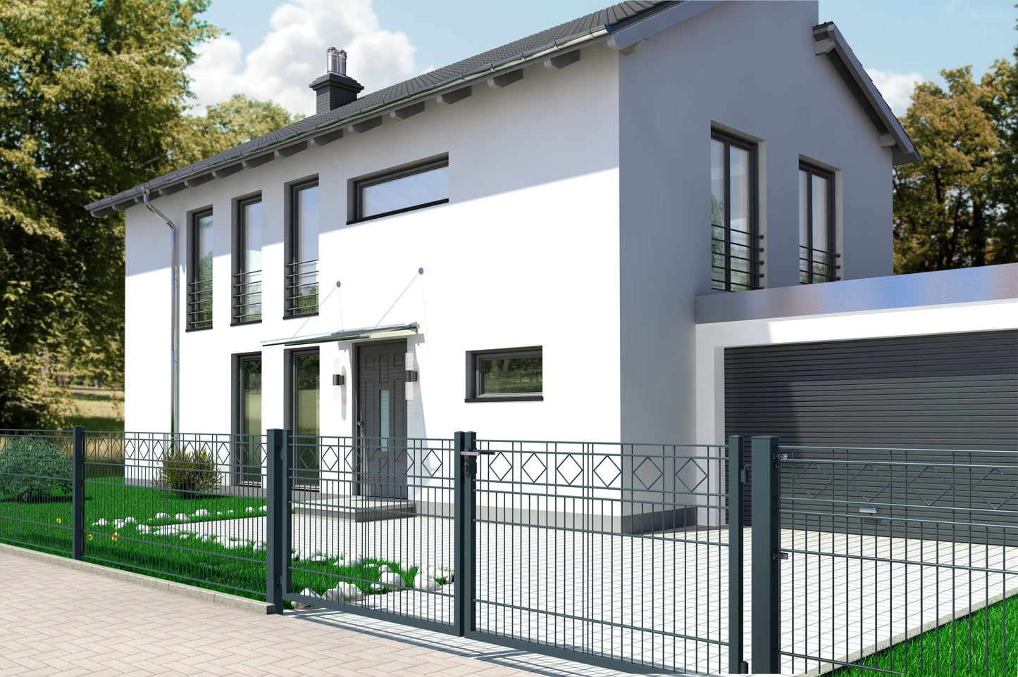 KARO 3D Zaunanlage aus Stahl, ideal als Grundstücksbegrenzung vor modernem Haus – MY-Zaunsysteme