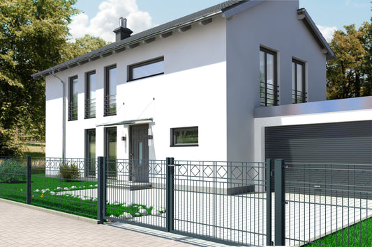 KARO 3D Zaunanlage aus Stahl, ideal als Grundstücksbegrenzung vor modernem Haus – MY-Zaunsysteme