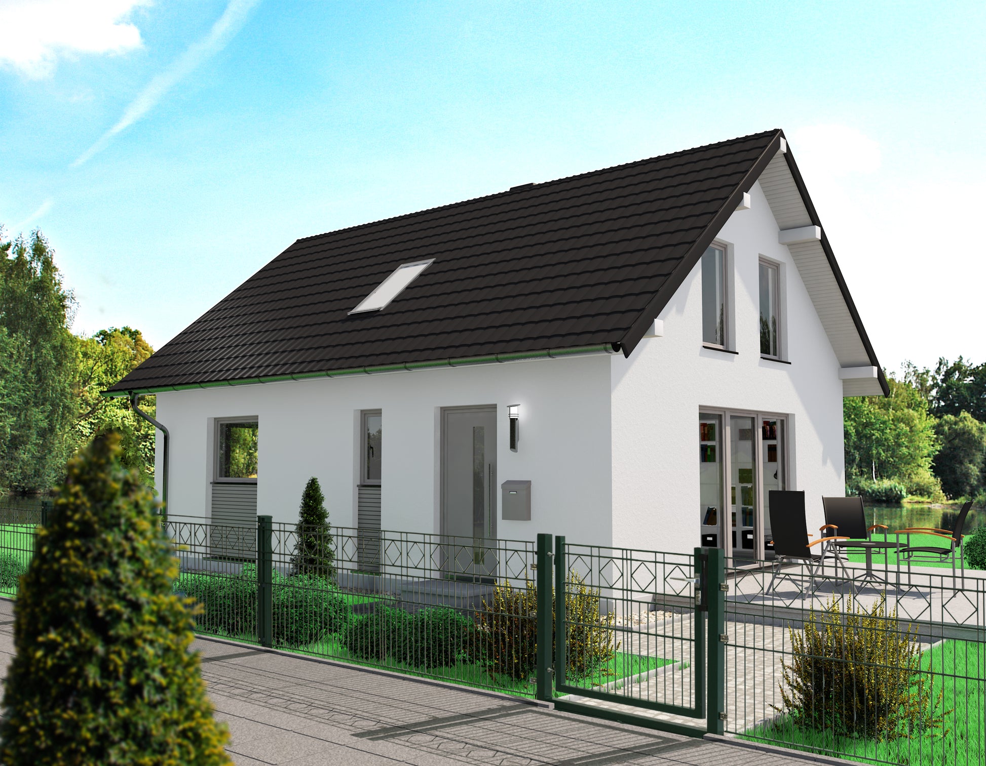 KARO Tor aus Metall als Zaunanlage vor modernem Haus im Garten – MY-Zaunsysteme