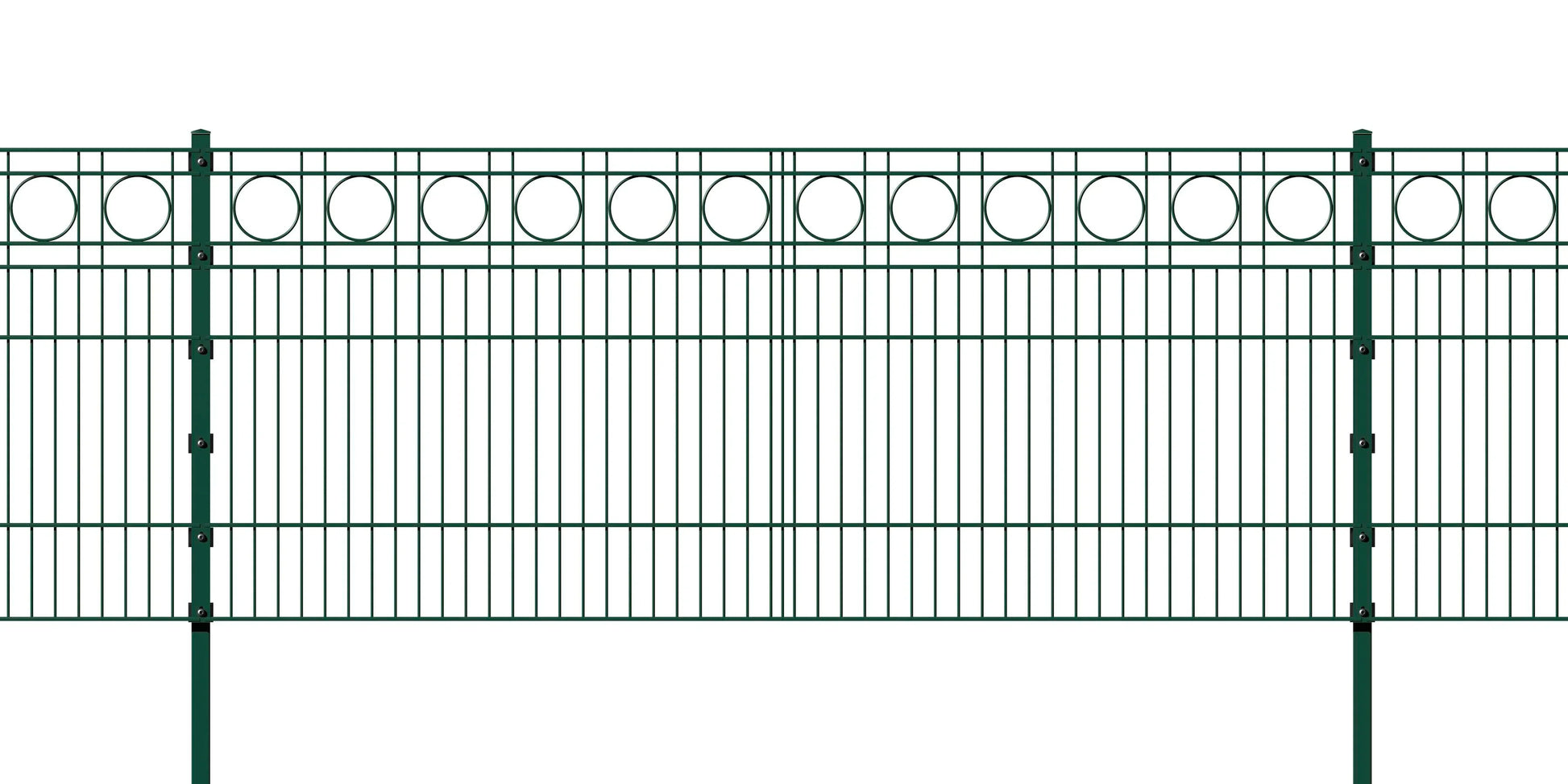 Doppelstabmattenzaun grün aus Metall mit Rundornamenten, Zaunanlage für den Garten – MY-Zaunsysteme