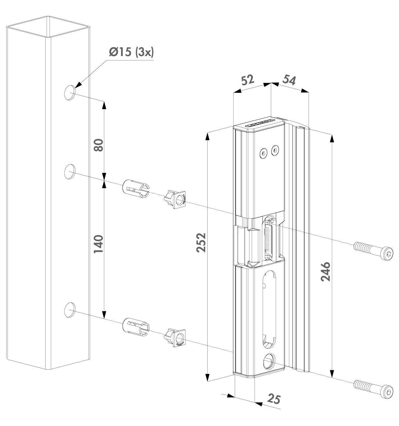 MODULEC-SA Anschlag aus Metall für Zaunanlagen, mit Maßangaben – MY-Zaunsysteme