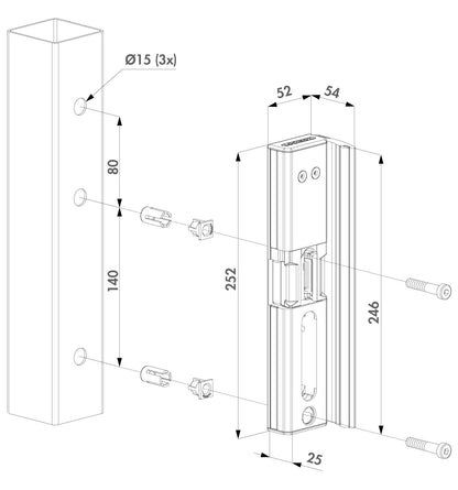 MODULEC-SA Anschlag aus Metall für Zaunanlagen, mit Maßangaben – MY-Zaunsysteme