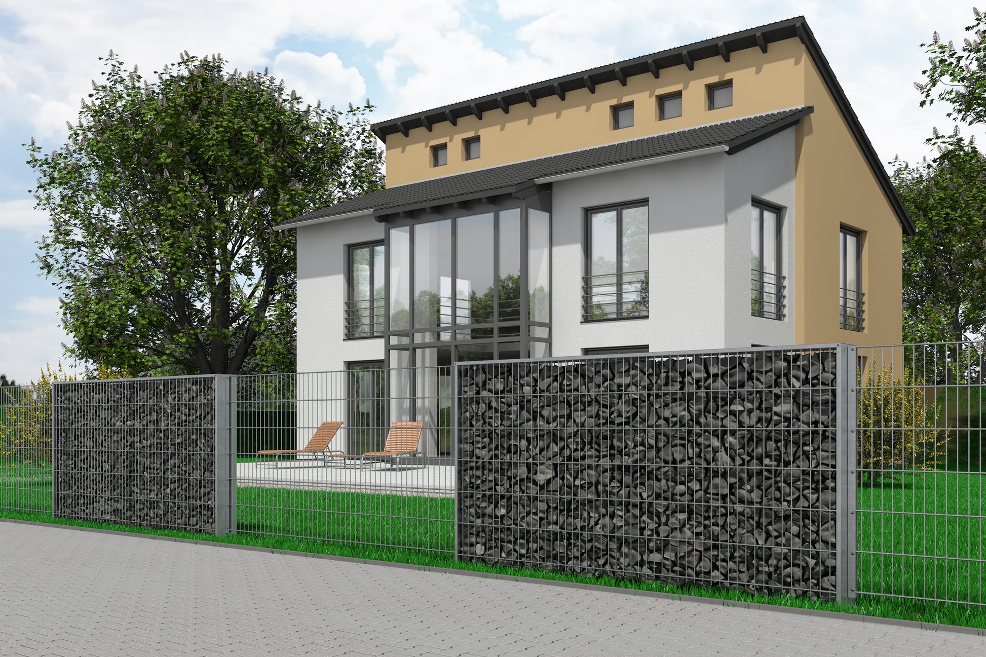 Gabionen-Zaunanlage aus Metall für Grundstücksabgrenzung und Sichtschutz – MY-Zaunsysteme