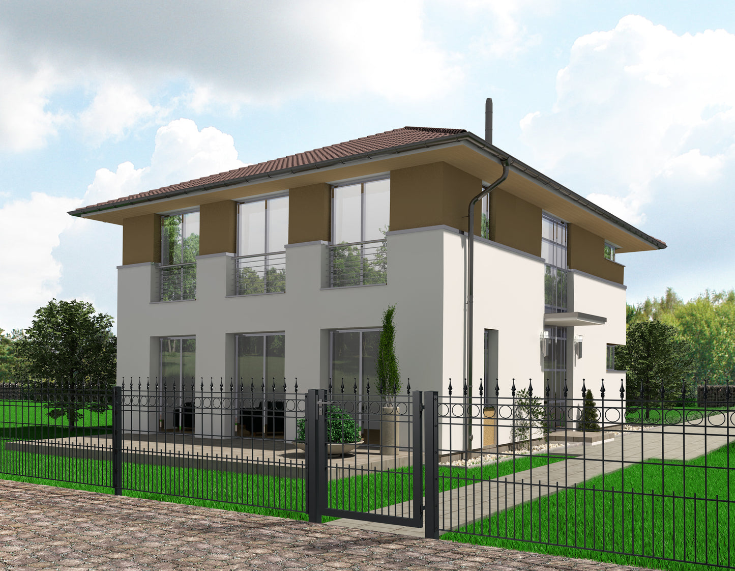 SATURN 3k Zaunanlage aus Metall vor modernem Haus, ideal als Grundstücksbegrenzung – MY-Zaunsysteme