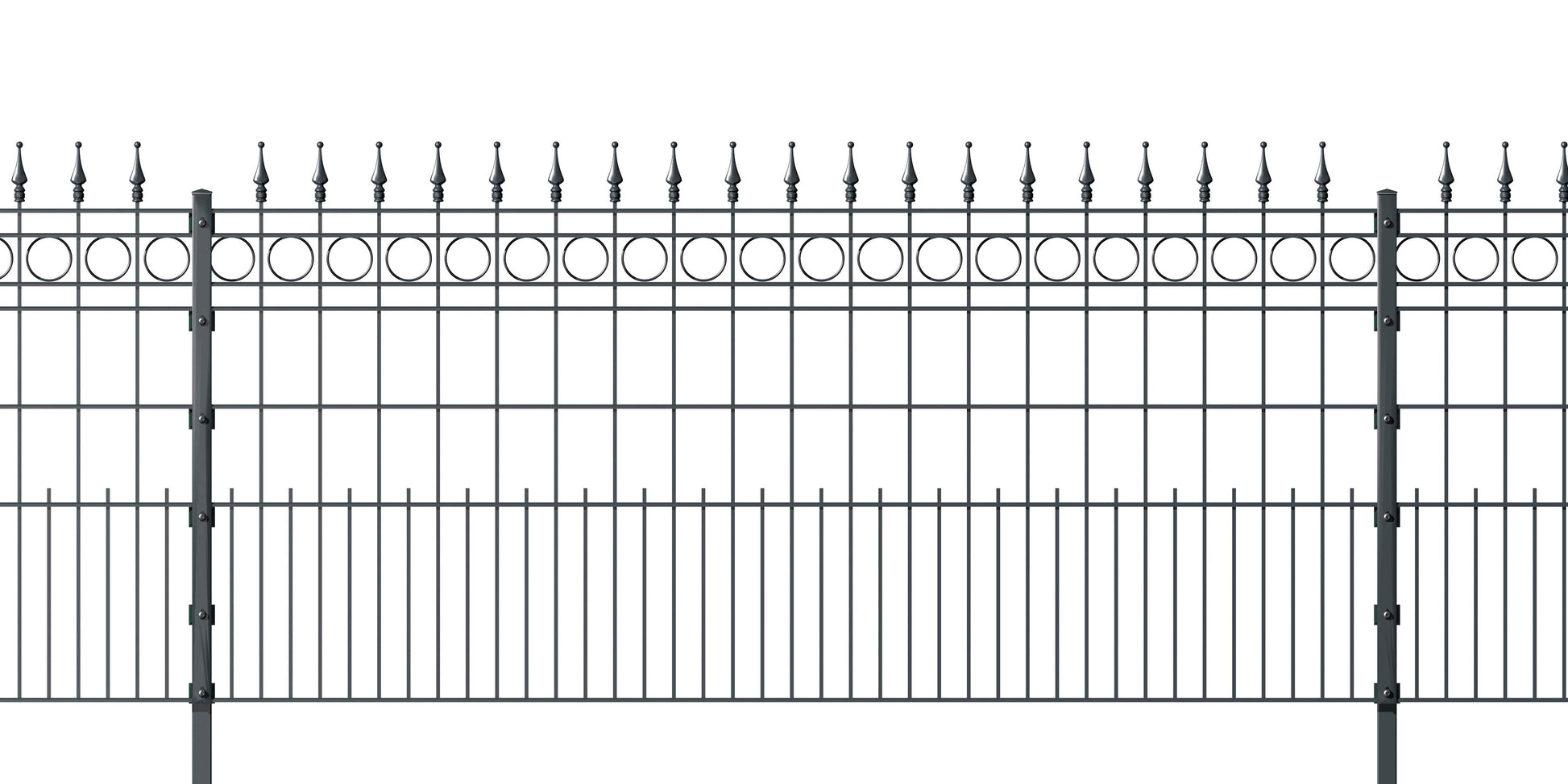 SATURN Anthrazit Metall Zaunanlage mit Zierspitzen, Sichtschutz und Dekorelementen – MY-Zaunsysteme