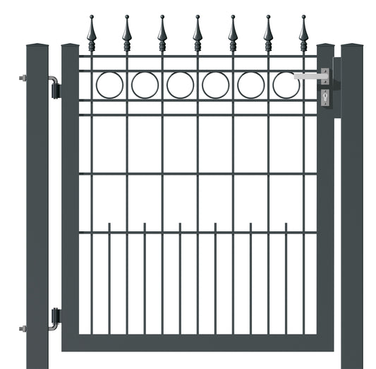 SATURN Tor 1-flügelig aus Metall für moderne Zaunanlage, mit Zierelementen – MY-Zaunsysteme