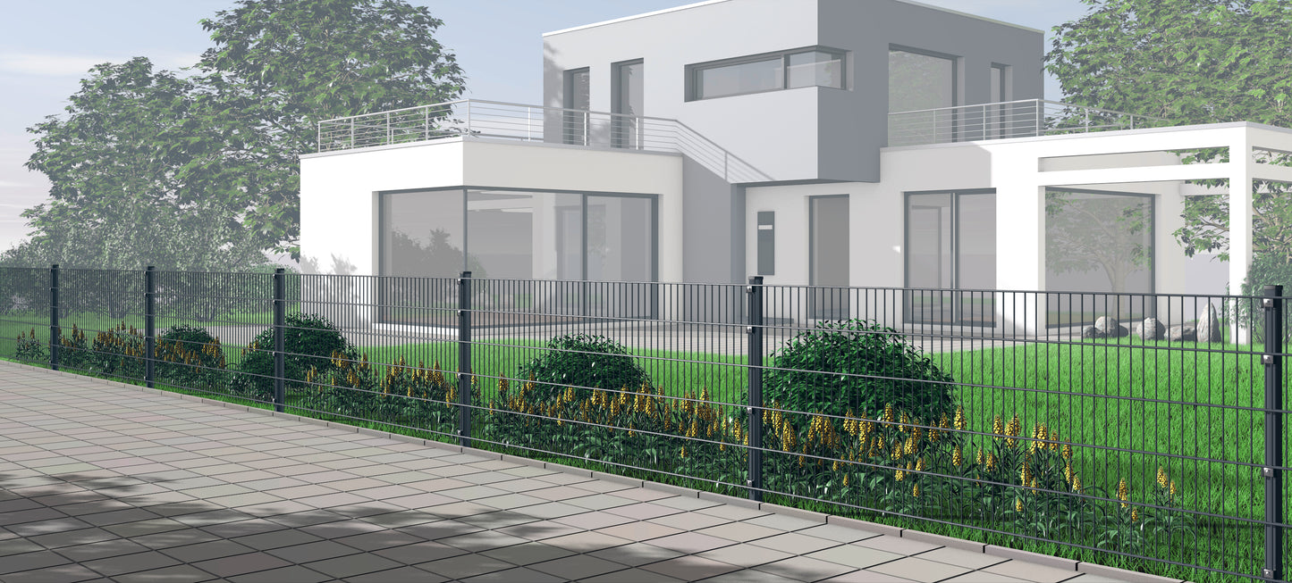 Doppelstabmattenzaun aus Stahl als moderne Zaunanlage vor Wohnhaus – MY-Zaunsysteme
