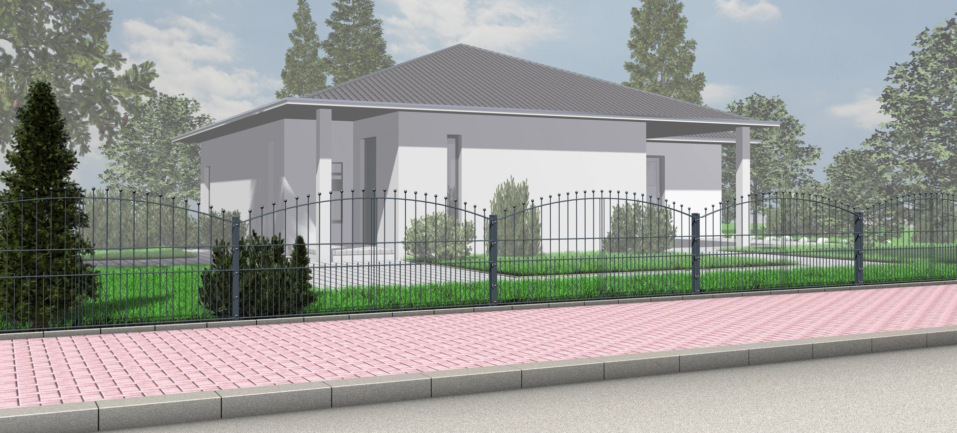 STAB1030AKGB Zaunelement aus Metall als dekorative Zaunanlage vor einem Haus – MY-Zaunsysteme