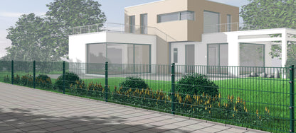 Doppelstabmattenzaun aus Stahl als Zaunanlage vor modernem Haus im Garten – MY-Zaunsysteme