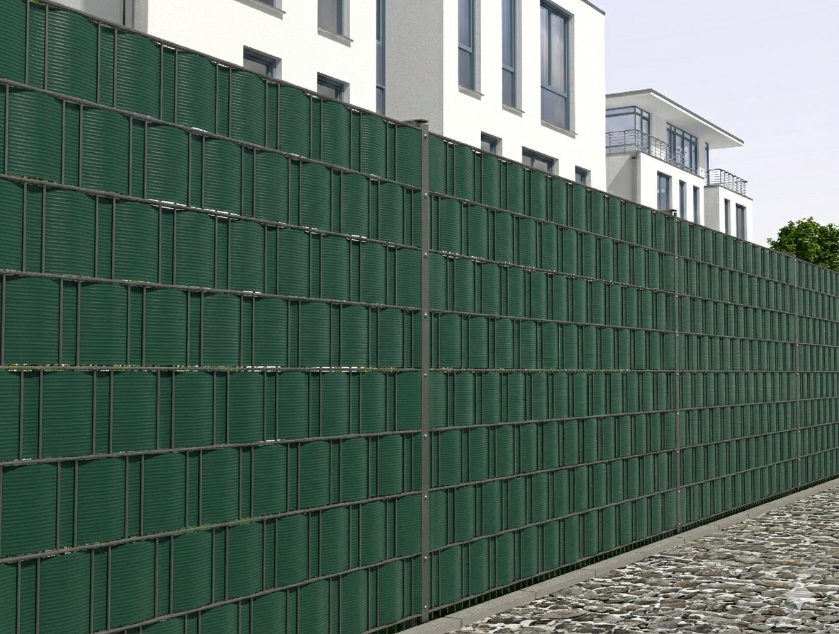 Sichtschutz RAL 6009 aus Kunststoff als Zaunanlage in moderner Umgebung – MY-Zaunsysteme