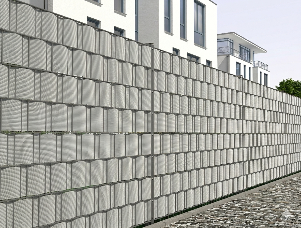 Sichtschutz RAL 7030 aus Metall als moderne Zaunanlage vor Wohngebäude – MY-Zaunsysteme