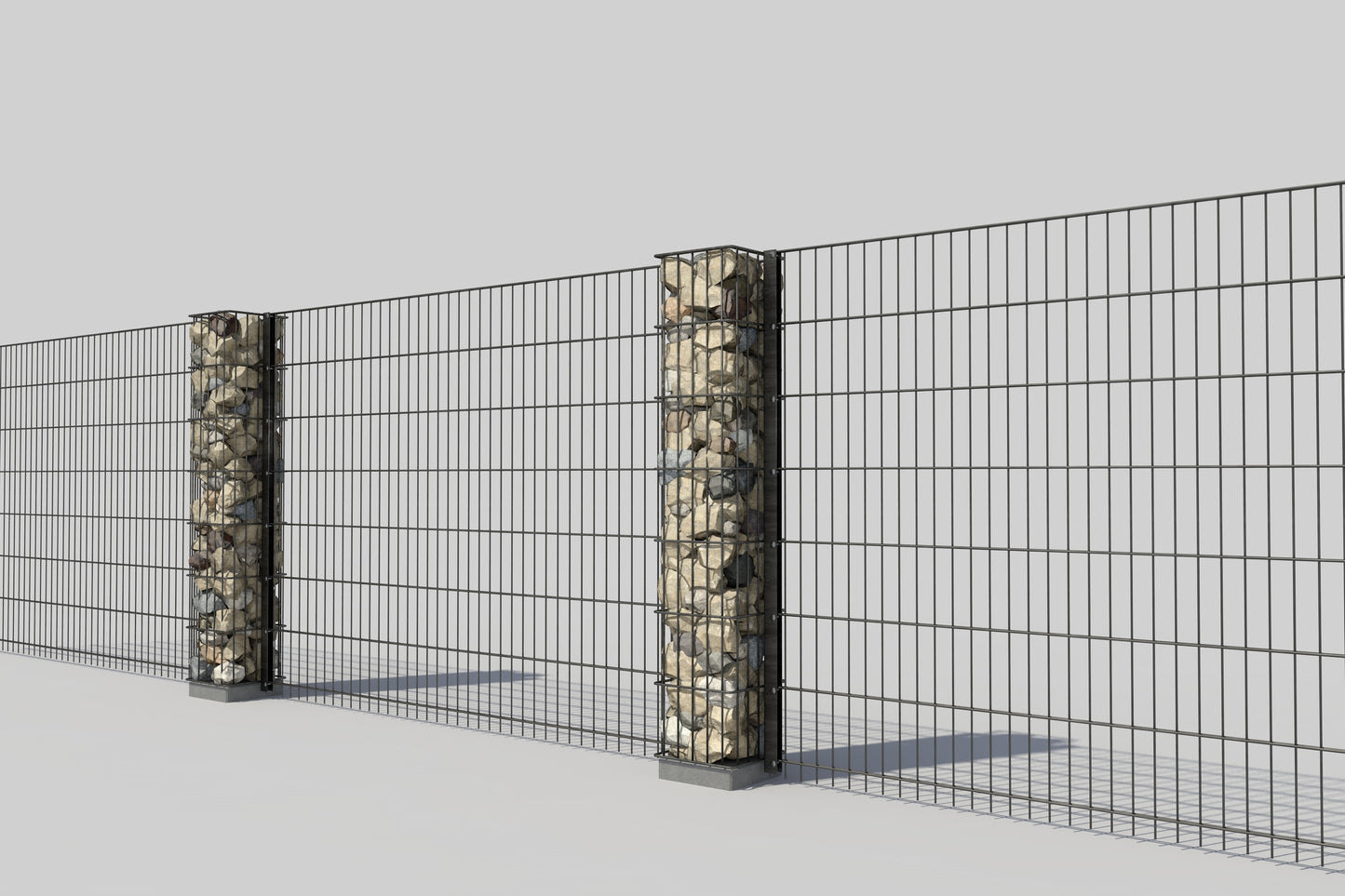 Steinsäule Doppelstabmatte aus Metall und Stein als Zaunanlage – MY-Zaunsysteme