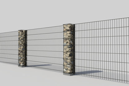 Steinsäule Doppelstabmatte aus Metall und Stein als Zaunanlage – MY-Zaunsysteme
