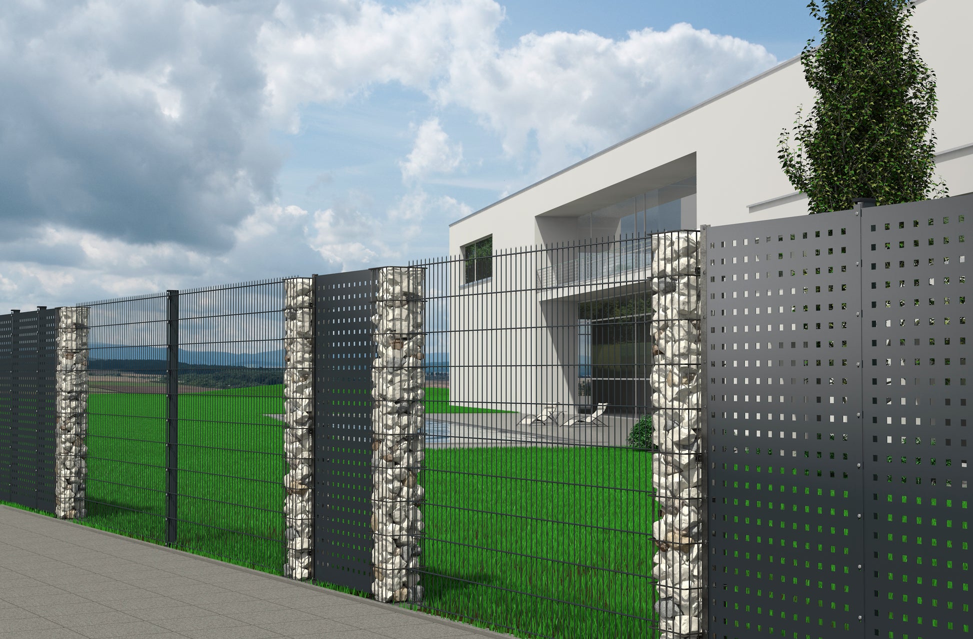 Steinsäulen mit Blech, Stein und Metall als Zaunanlage vor modernem Haus – MY-Zaunsysteme