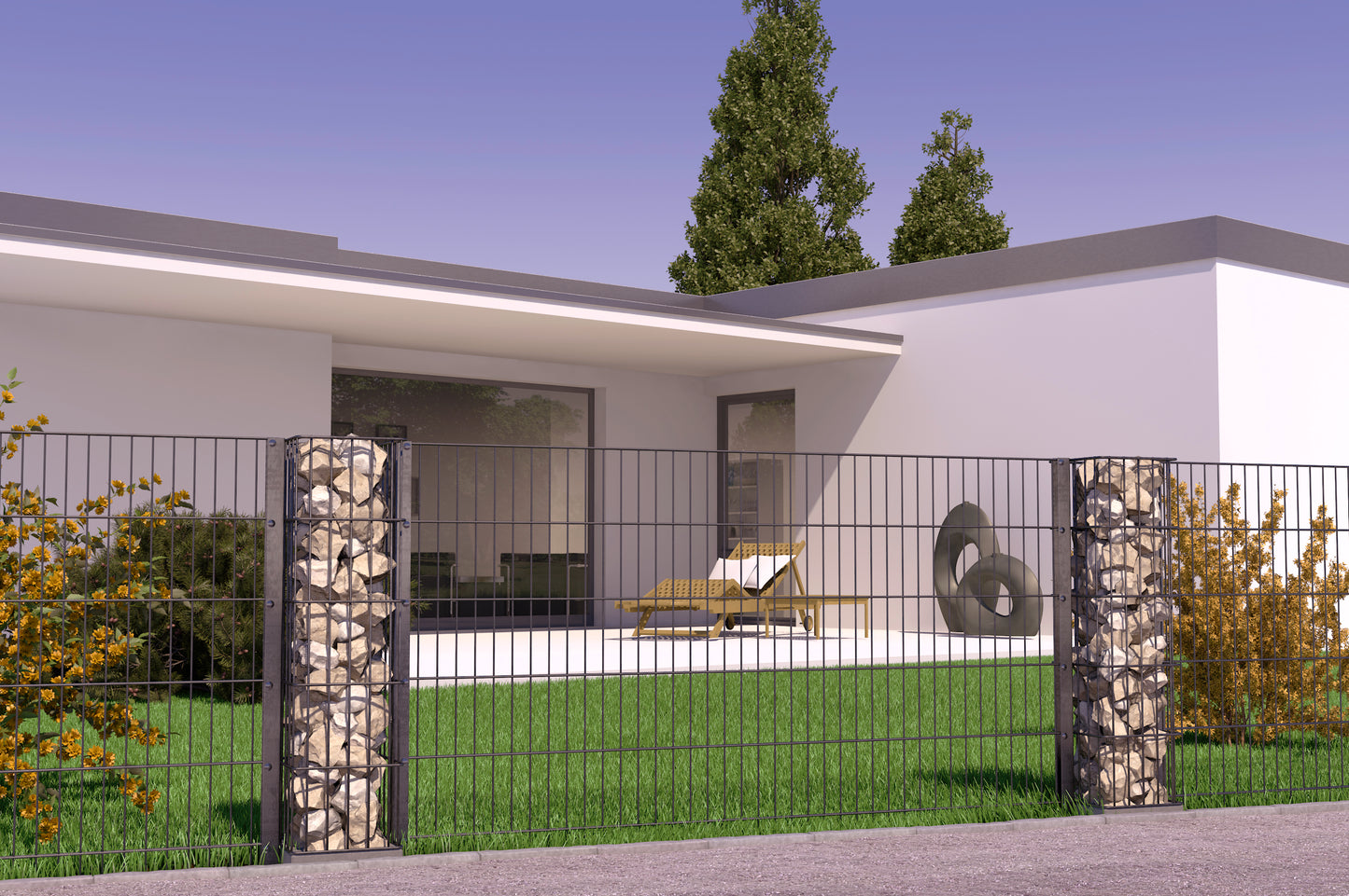 Doppelstabmattenzaun aus Metall mit Gabionen-Steinsäulen als Zaunanlage vor modernem Haus – MY-Zaunsysteme