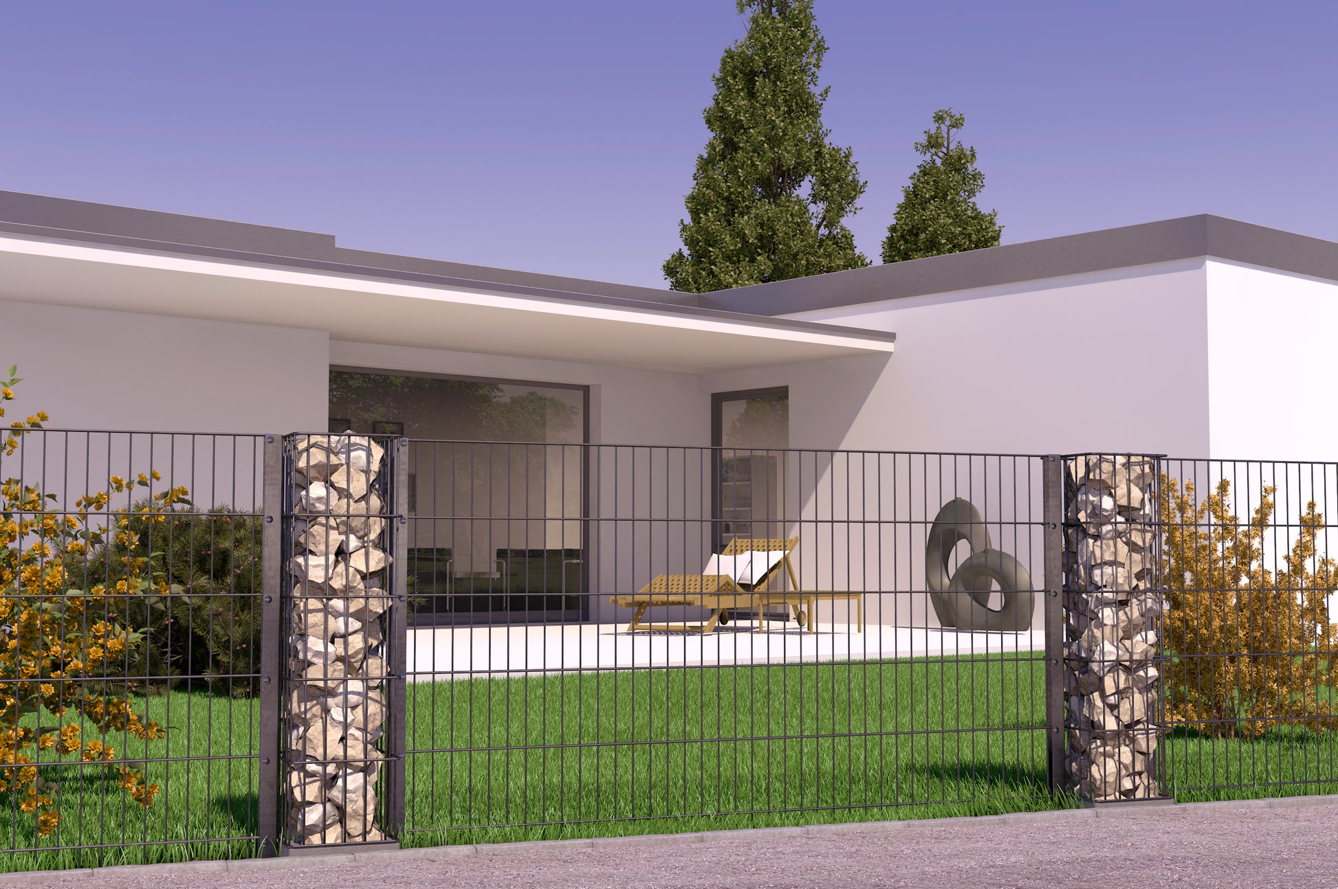 Doppelstabmattenzaun aus Metall mit Gabionen-Steinsäulen als Zaunanlage vor modernem Haus – MY-Zaunsysteme