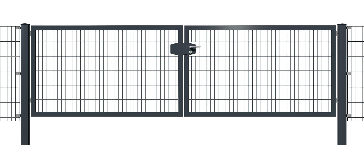 System-Drehflügeltor 2-flügelig aus Metall als Zaunanlage in Anthrazit – MY-Zaunsysteme