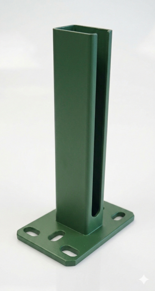 RAL 6005 Pfosten aus Metall für Zaunanlage, grün, Bodenplatte, Zaunbefestigung – MY-Zaunsysteme